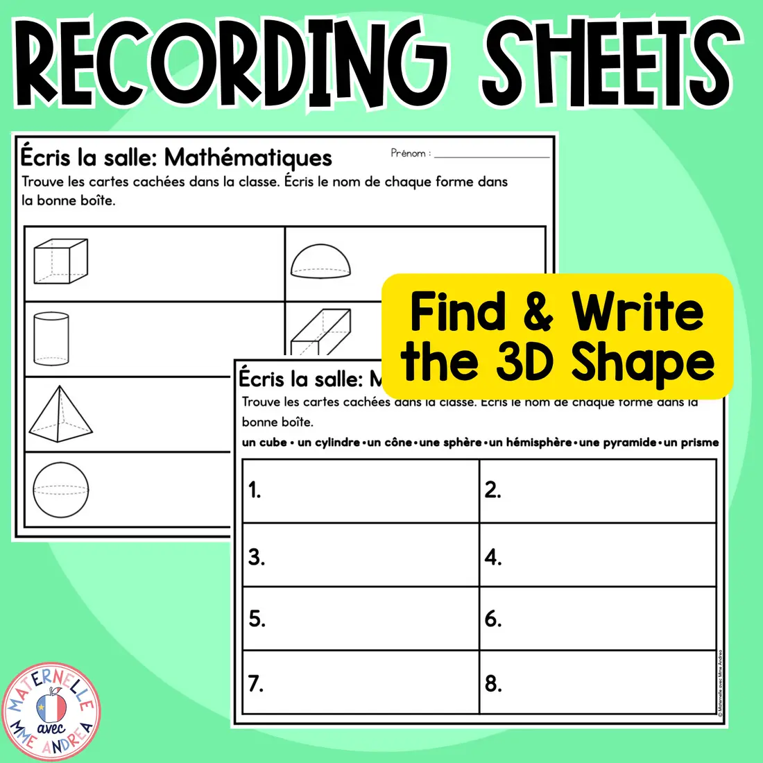 French 3D Shapes Write the Room | Solides géométriques | Math Centres Activities — image 4