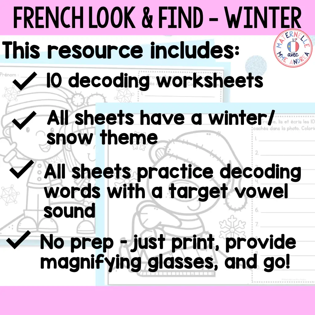 French Winter Look & Find Decoding Vowel Sounds Practice Worksheets - Hiver — image 3
