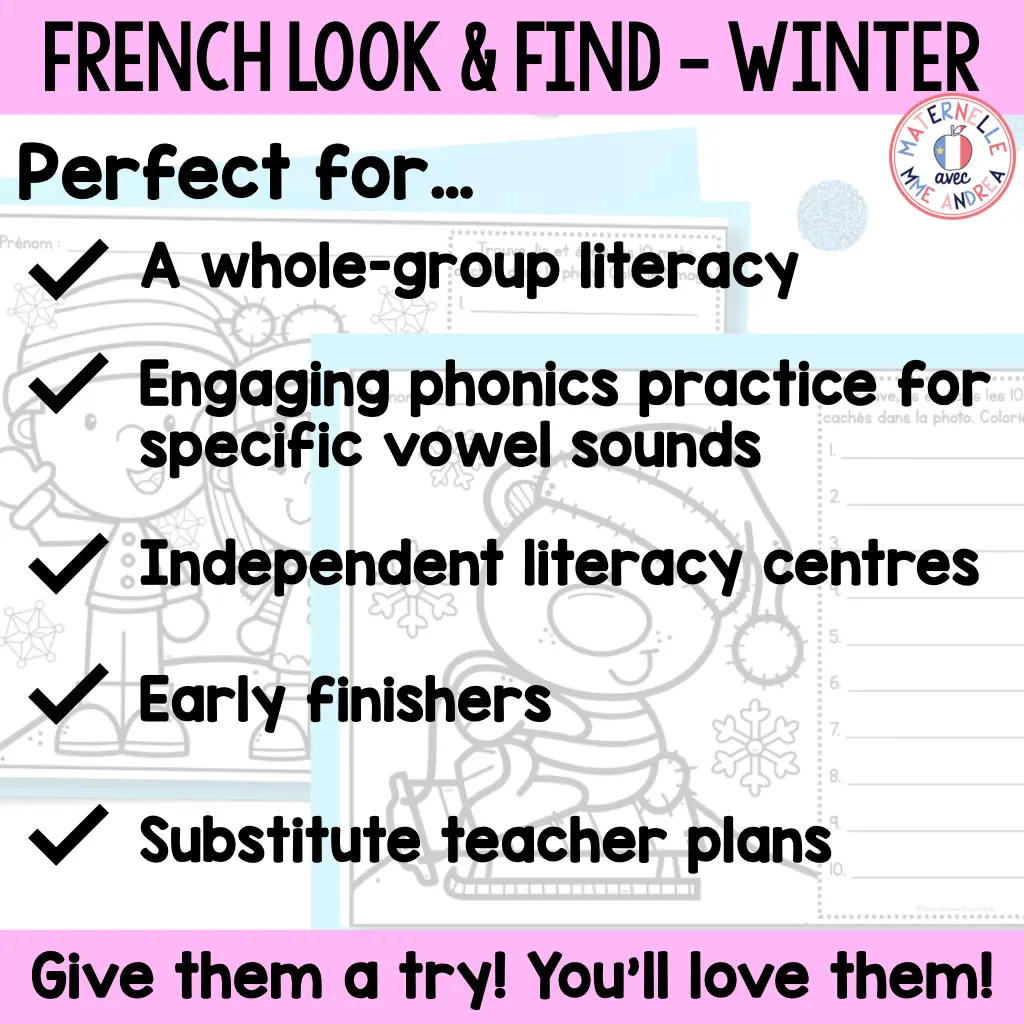 French Winter Look & Find Decoding Vowel Sounds Practice Worksheets - Hiver — image 6