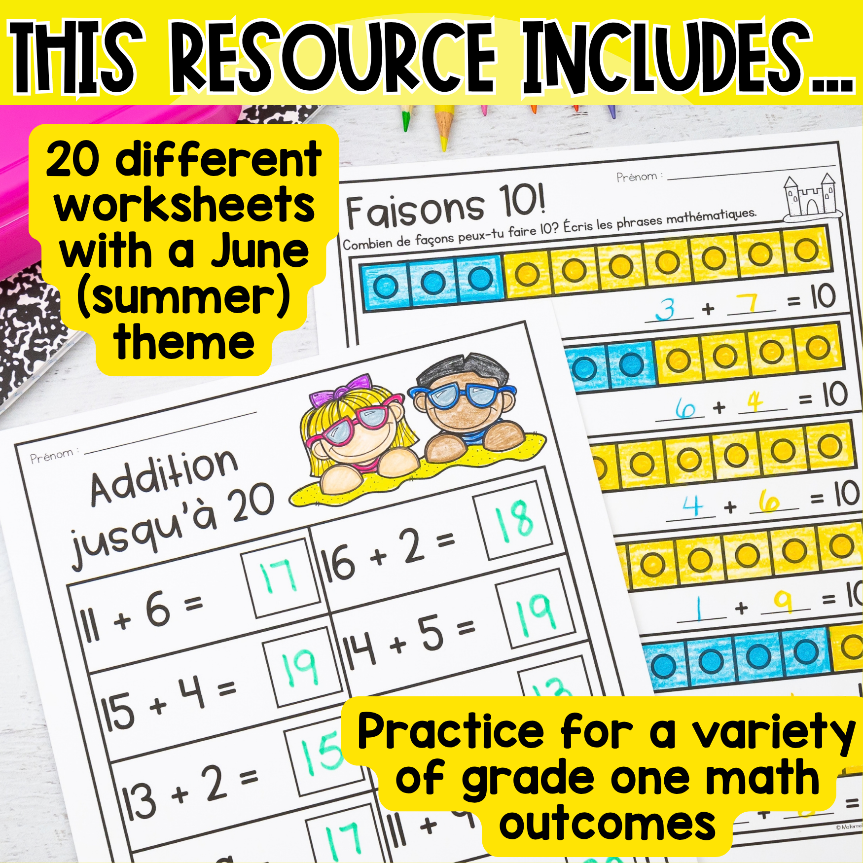 French Summer Addition & Subtraction End of Year Math Worksheets - Number Sense — image 2