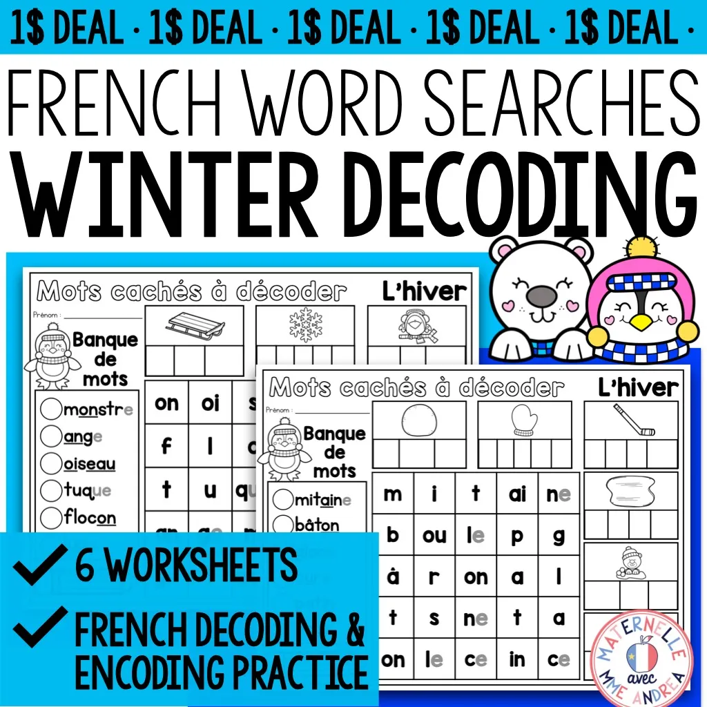 FRENCH Winter Decoding Practice Word Search Worksheets - L'hiver | $1 DEAL