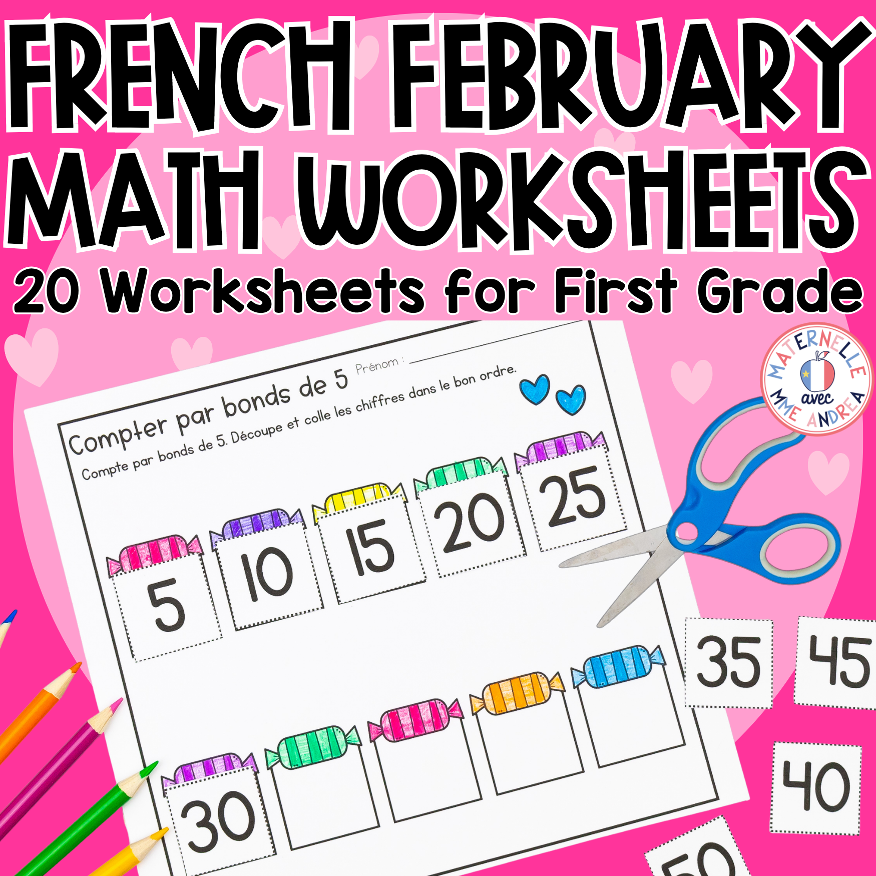 French Math Worksheets for First Grade | February & Valentine's Day Number Sense