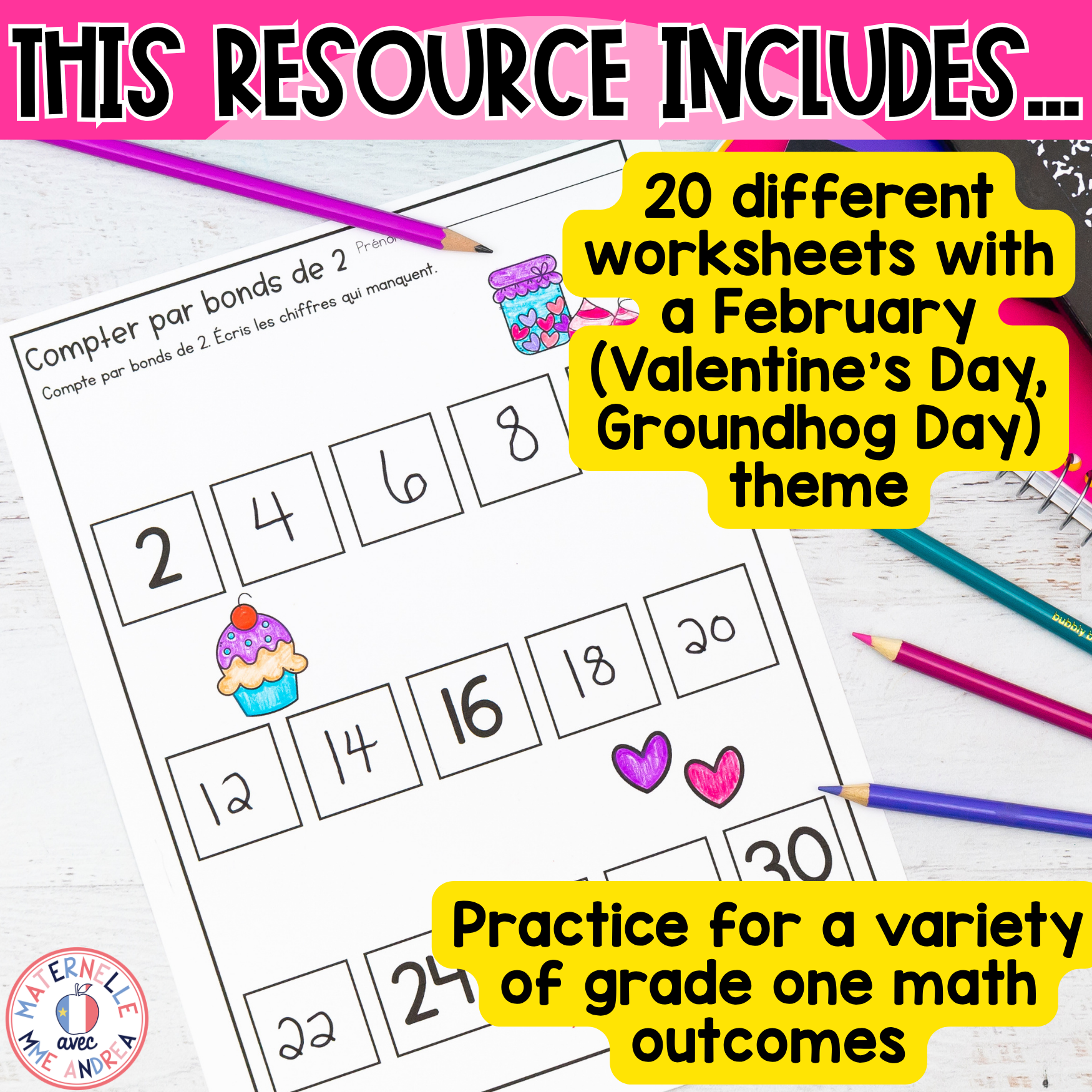French Math Worksheets for First Grade | February & Valentine's Day Number Sense — image 2