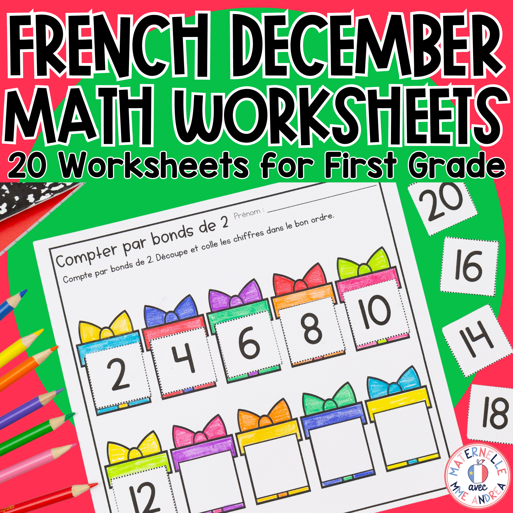 FRENCH First Grade No Prep Math Worksheets DECEMBER Grade 1 / Première année