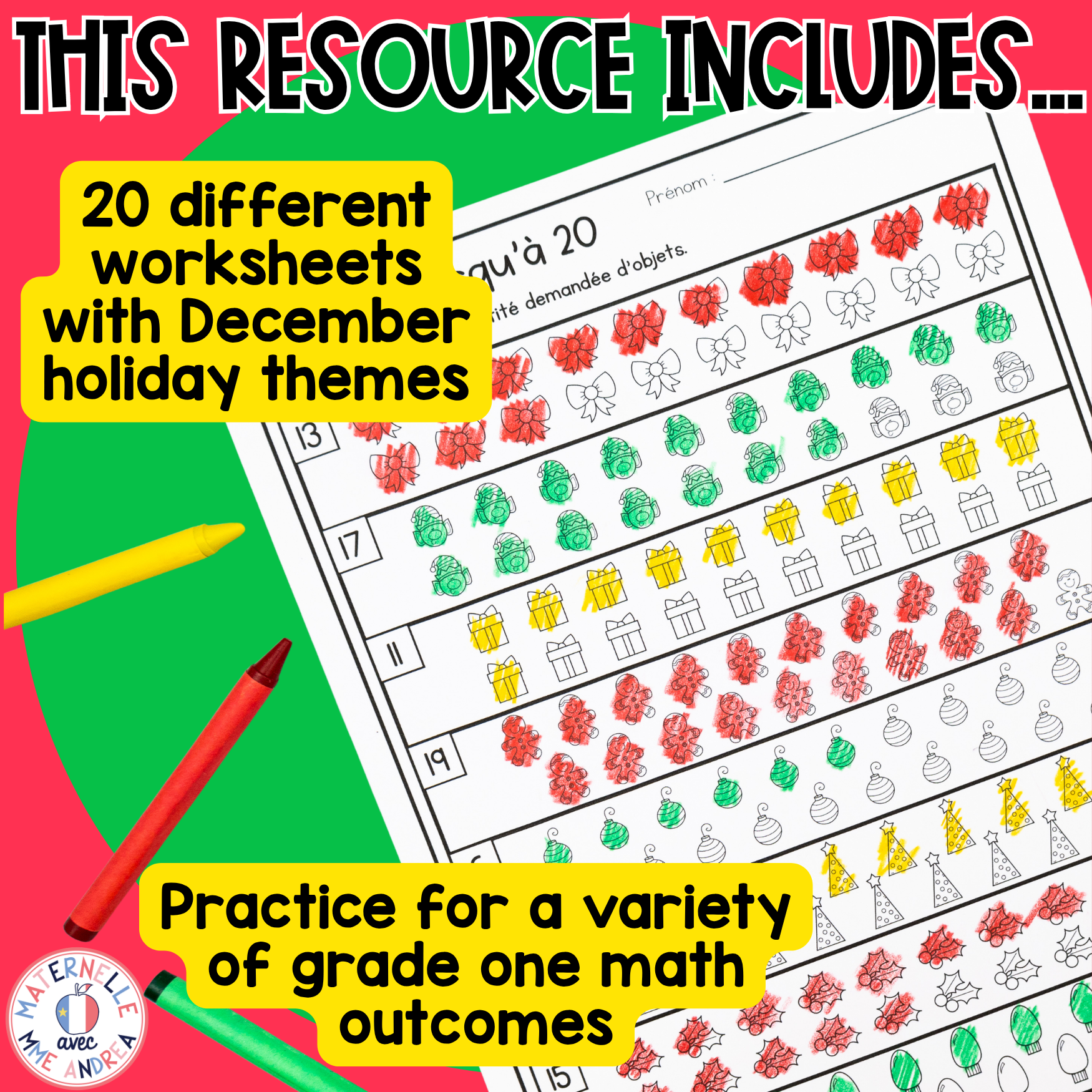 FRENCH First Grade No Prep Math Worksheets DECEMBER Grade 1 / Première année — image 2
