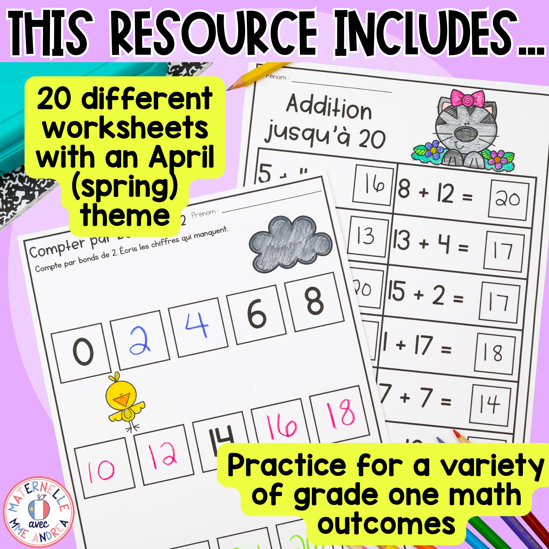 FRENCH First Grade No Prep Math Worksheets MAY Grade 1 / Première année — image 2