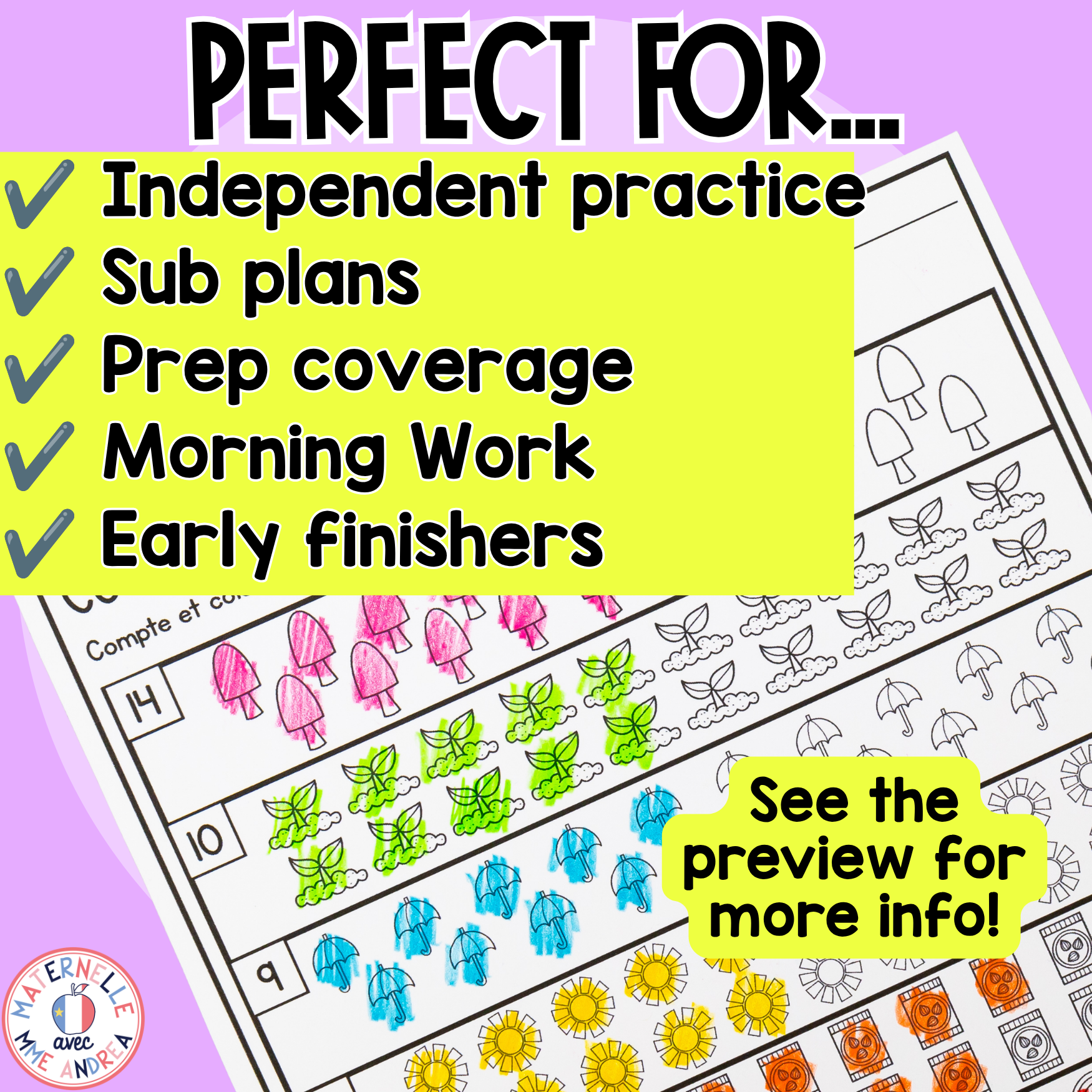FRENCH First Grade No Prep Math Worksheets MAY Grade 1 / Première année — image 4