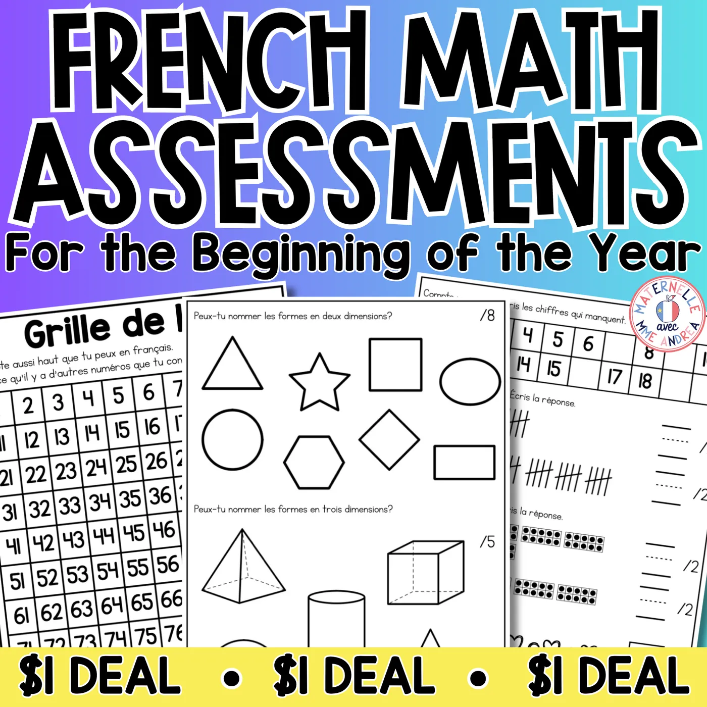 French Back to School Math Assessments | Number Sense, Patterns & Shapes