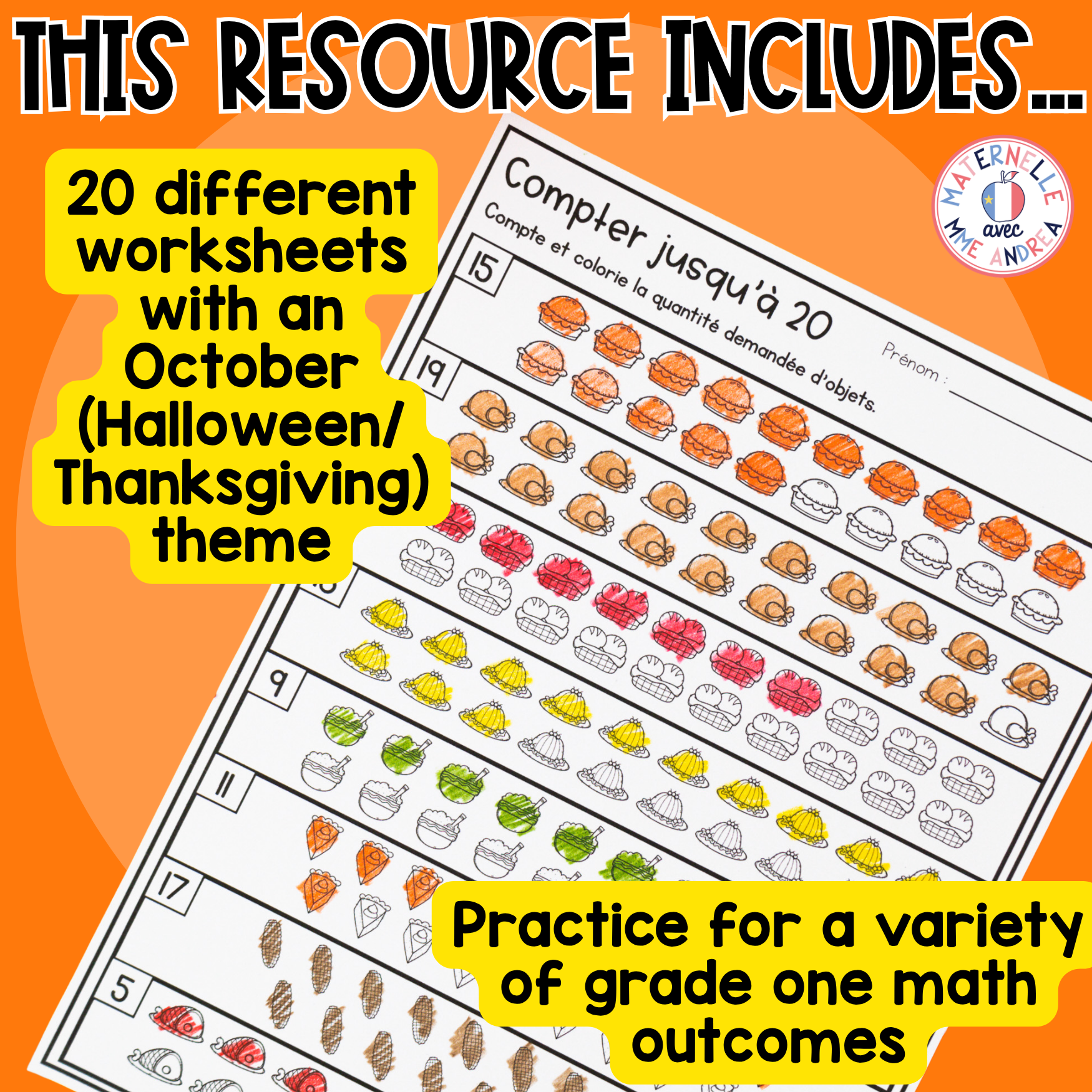 FRENCH First Grade No Prep Math Worksheets OCTOBER Grade 1 / Première année — image 2