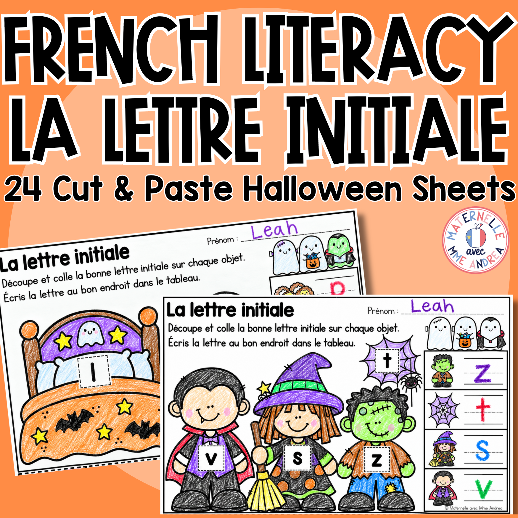 French Halloween Beginning Sounds Worksheets | La lettre initiale & le son initial | 24 No-Prep Worksheets