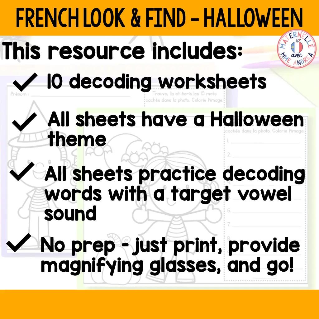 French Halloween Look & Find Decoding Vowel Sounds Practice Worksheets — image 3