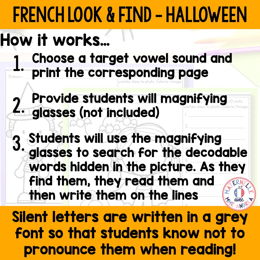 French Halloween Look & Find Decoding Vowel Sounds Practice Worksheets — image 4