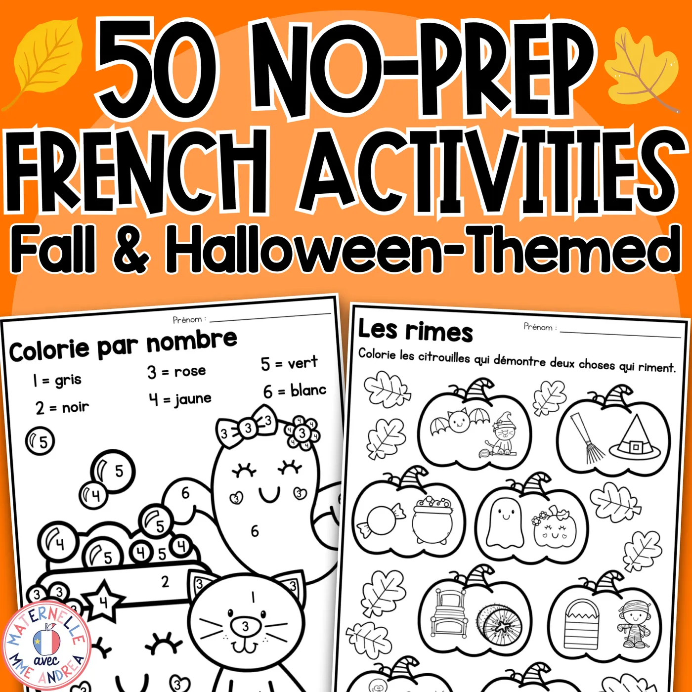 French Fall Halloween Activities & Worksheets | Maternelle Math & Literacy Pack