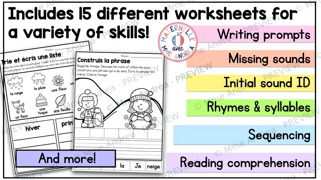 French Winter No-Prep Literacy Worksheets for maternelle & 1e année - $2 DEAL — image 2