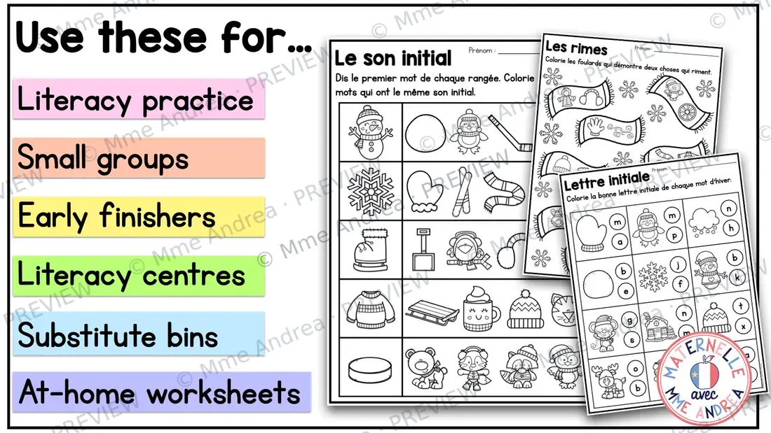 French Winter No-Prep Literacy Worksheets for maternelle & 1e année - $2 DEAL — image 3