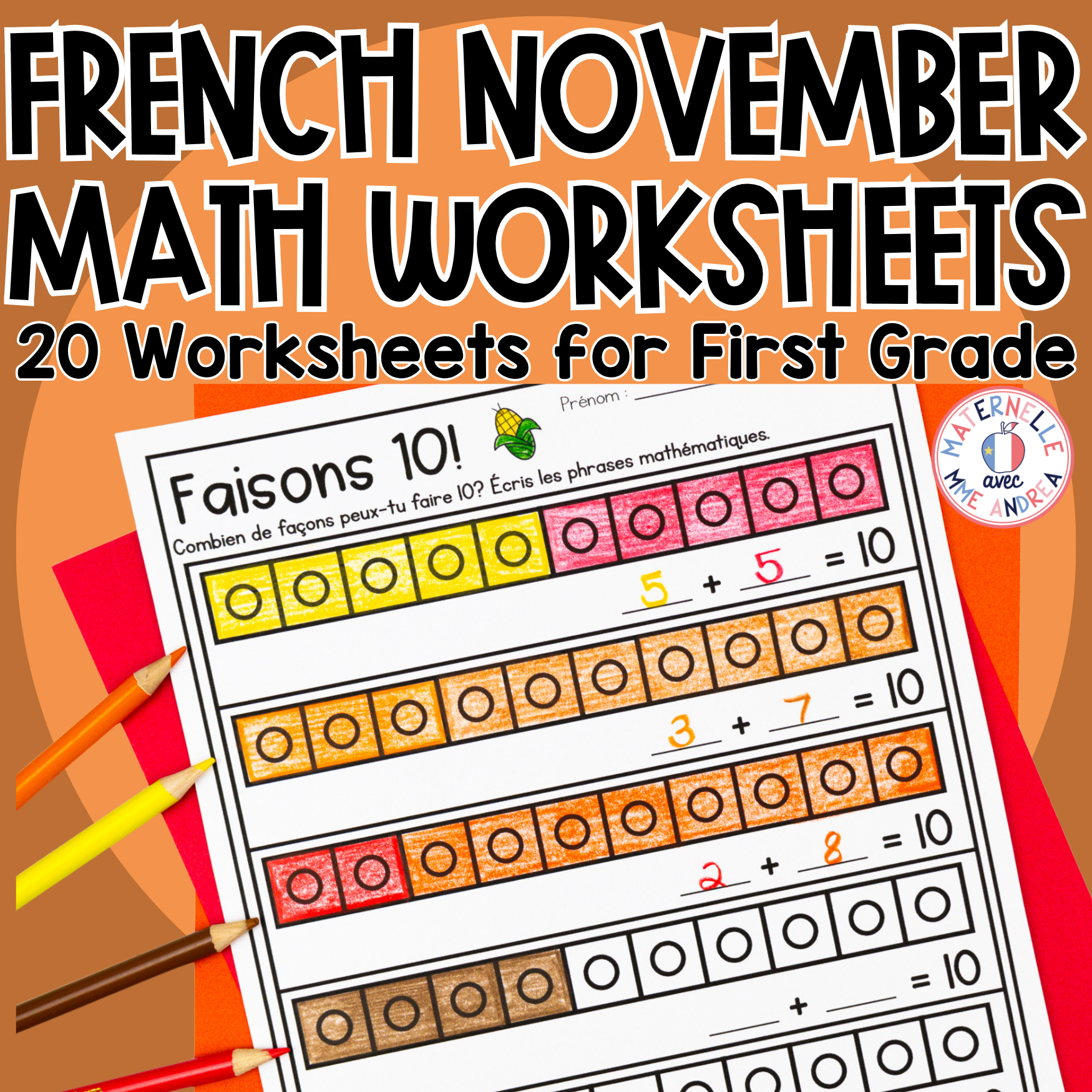 FRENCH First Grade No Prep Math Worksheets NOVEMBER Grade 1 / Première année
