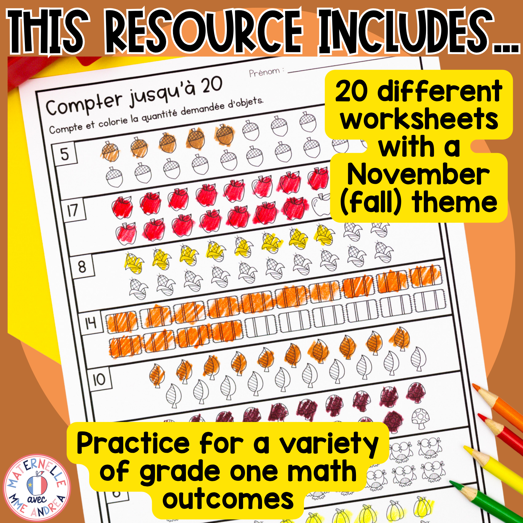 FRENCH First Grade No Prep Math Worksheets NOVEMBER Grade 1 / Première année — image 2