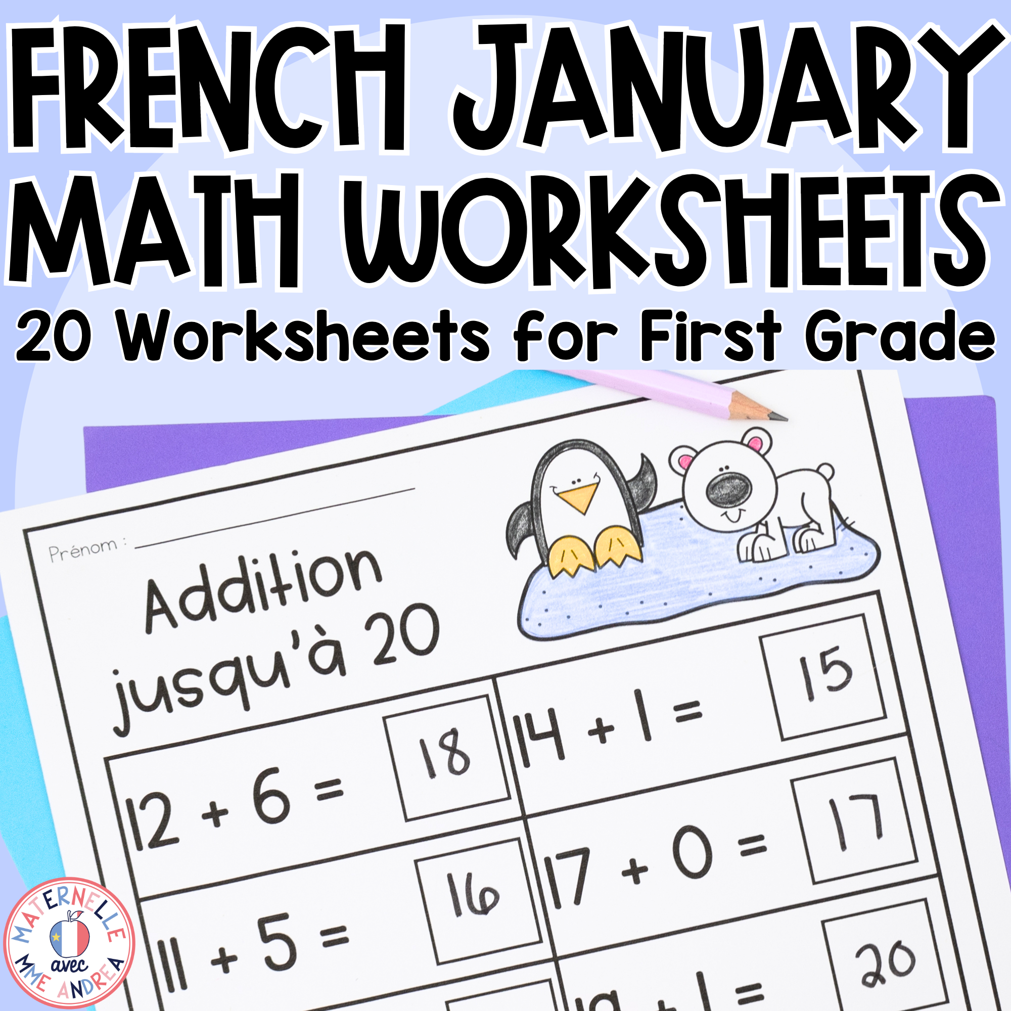 French Math Worksheets for January | First Grade No Prep Winter Math Activities
