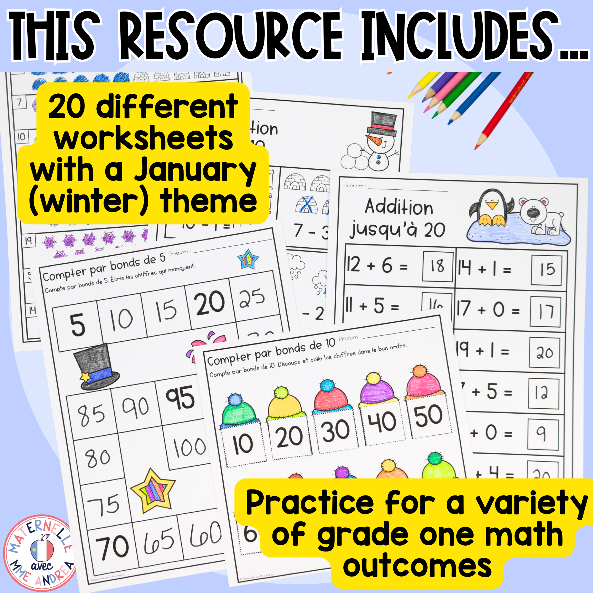 French Math Worksheets for January | First Grade No Prep Winter Math Activities — image 2