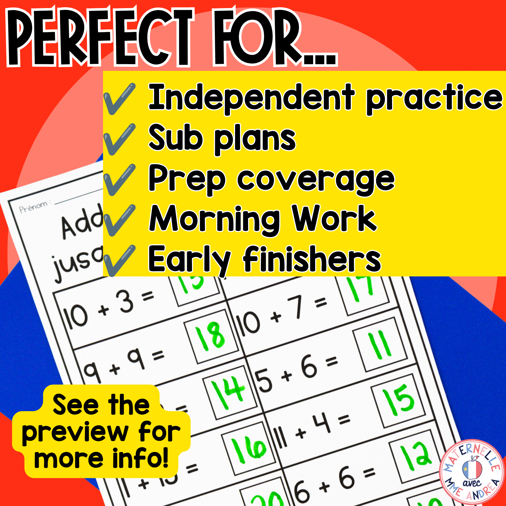 FRENCH First Grade No Prep Math Worksheets SEPTEMBER Grade 1 / Première année — image 4