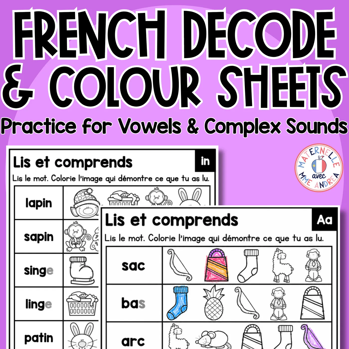 French Read and Colour Worksheets | Decoding by Sound | Vowels & Complex Sounds