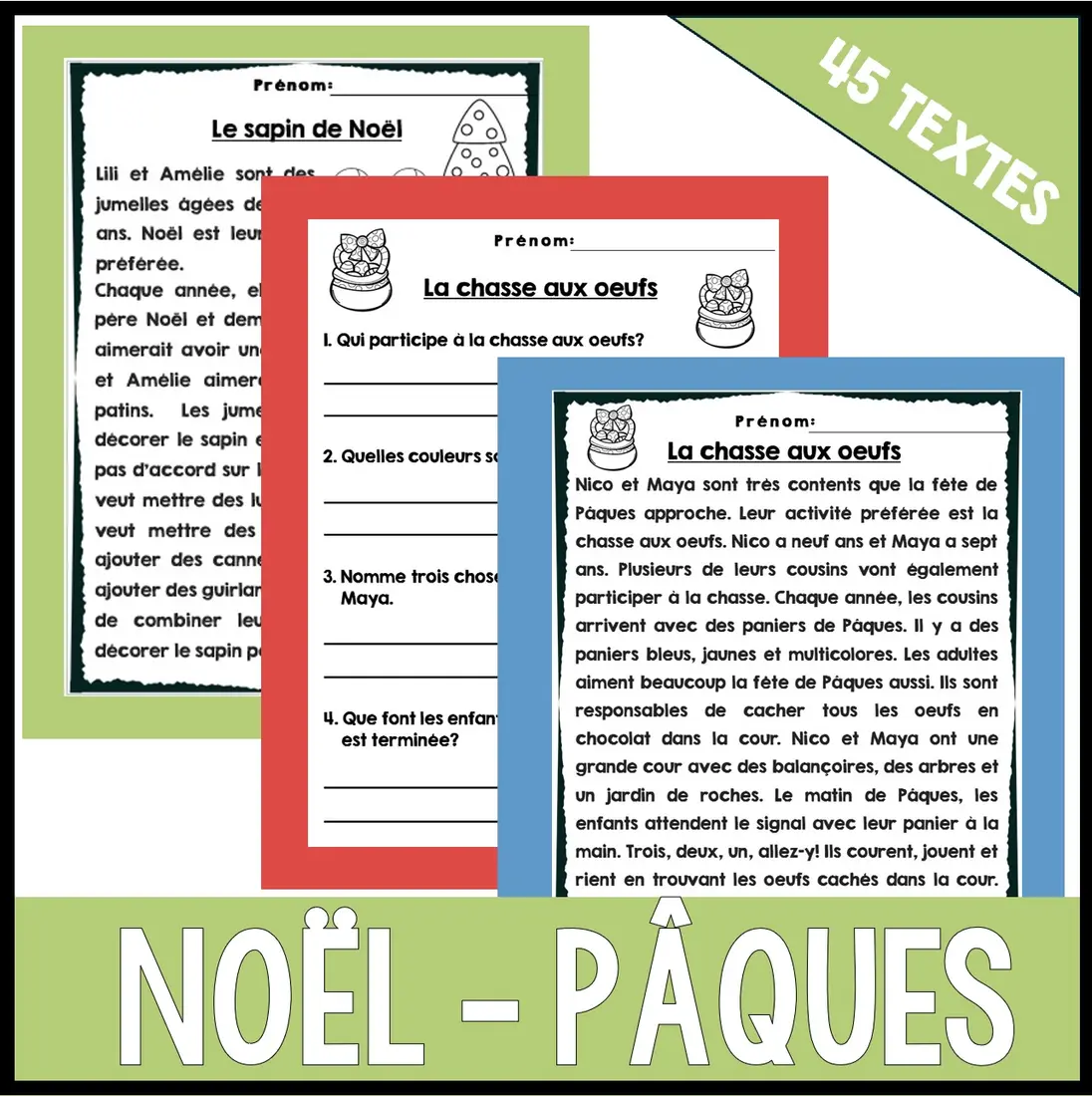 French Reading Comprehension COMPRÉHENSION de LECTURE - Automne/Fall, Hiver-Noël, St-Valentin, Pâques, Rentrée scolaire 45 textes — image 2