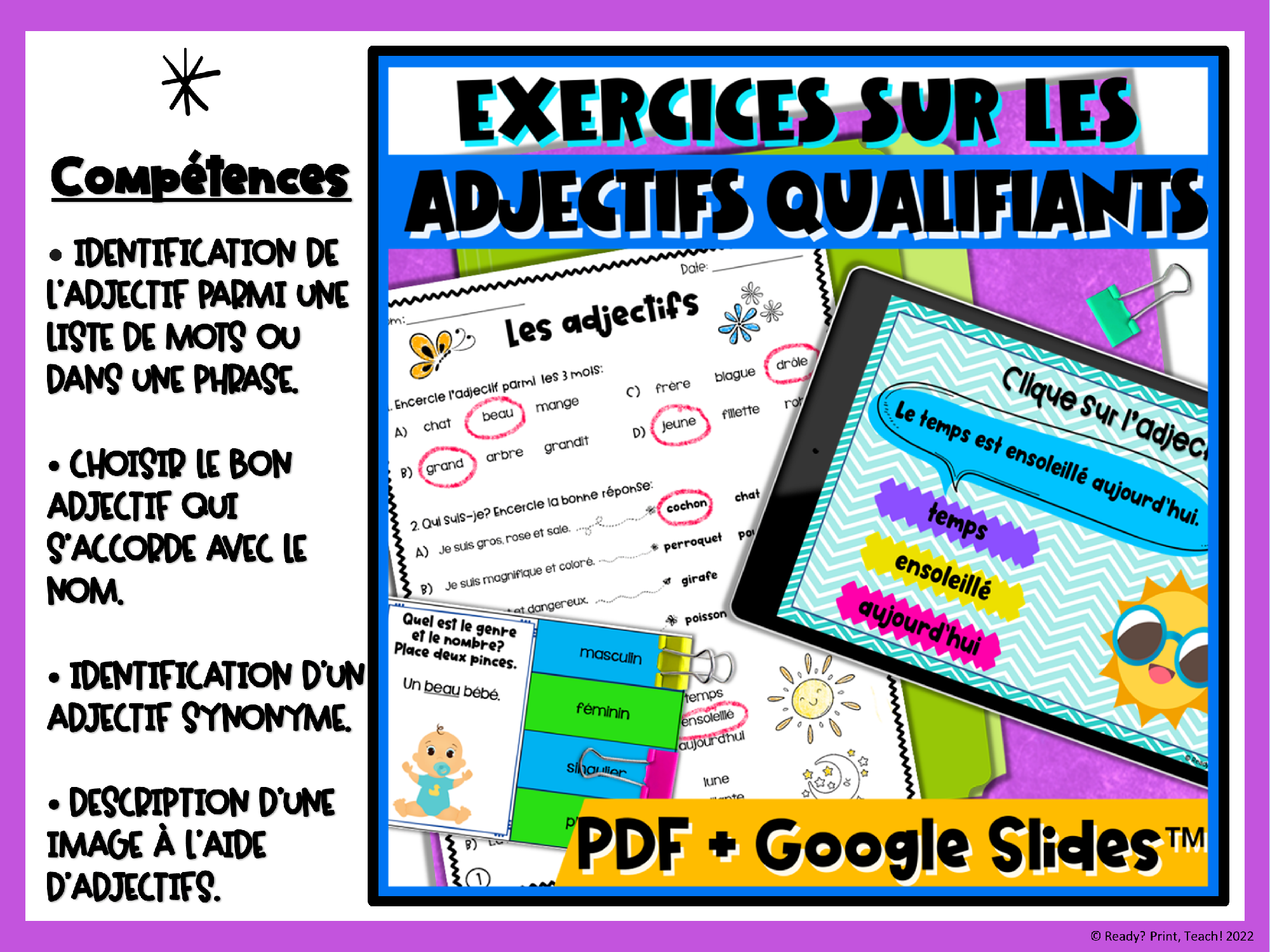 French Adjectives – Gender & Number Agreement | Worksheets, Google Slides & Task Cards — image 5