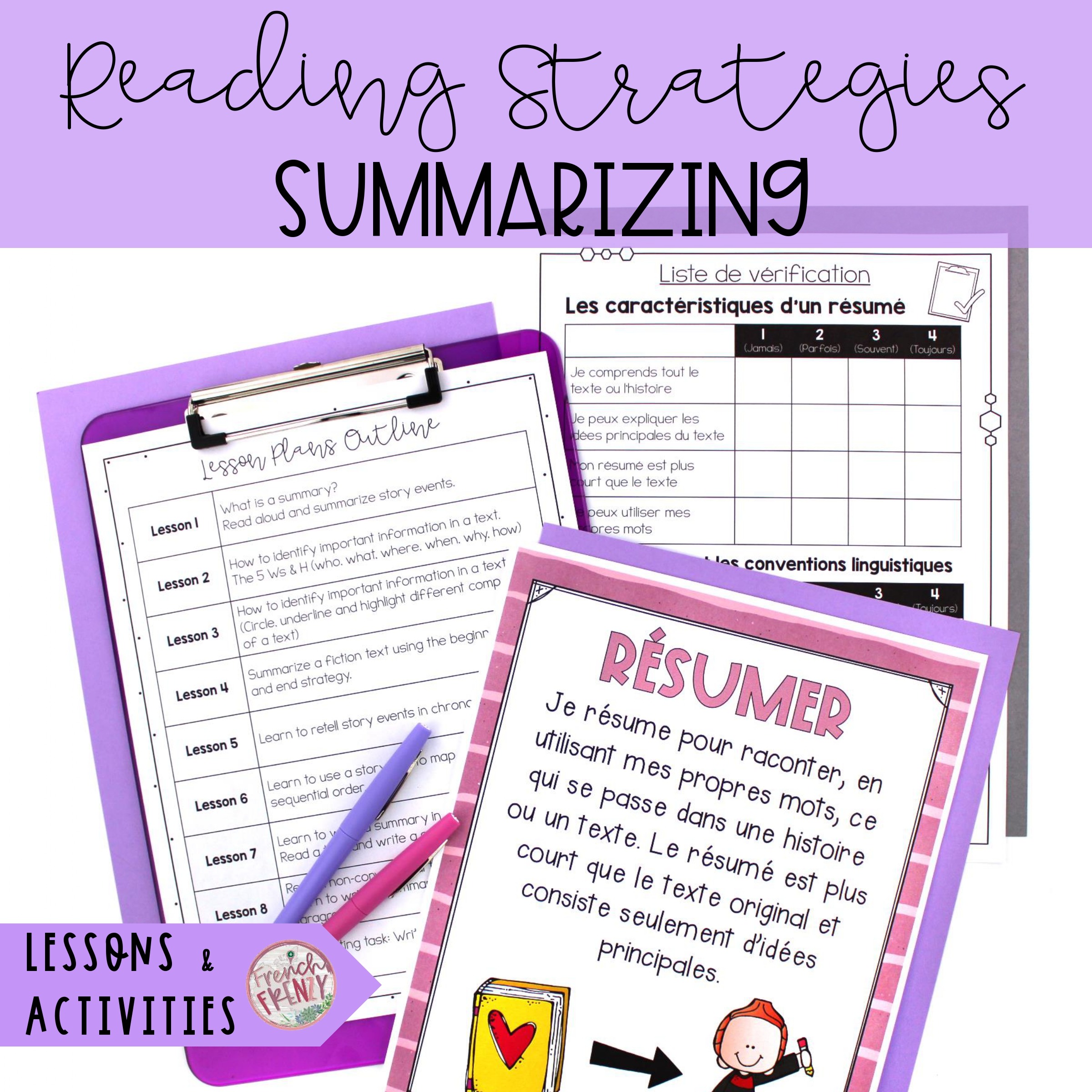 French Reading Strategies - Summarizing Unit - Lessons and Activities (Faire un résumer)