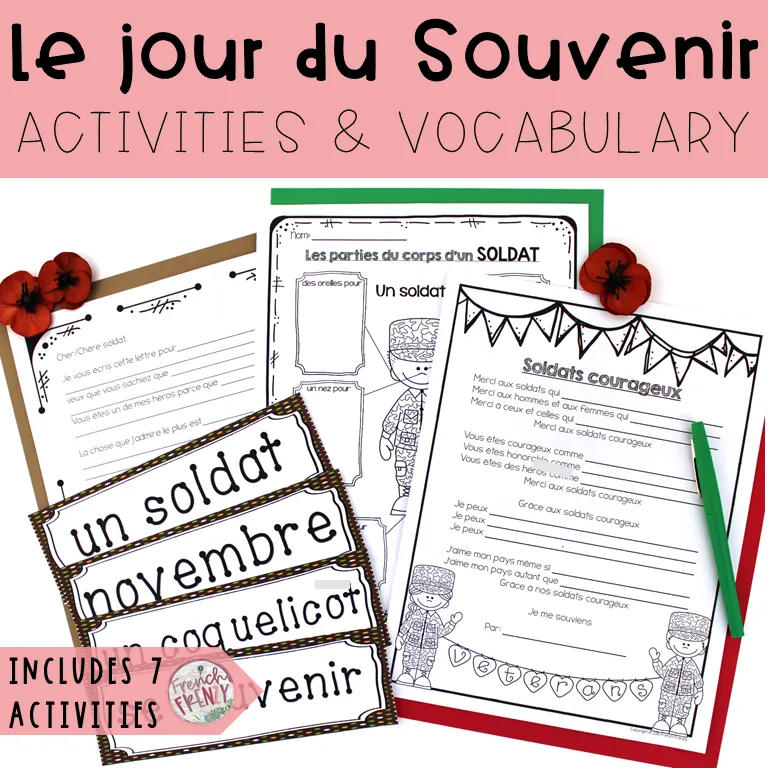 French Remembrance Day Activities and Vocabulary Package (Le jour du Souvenir)