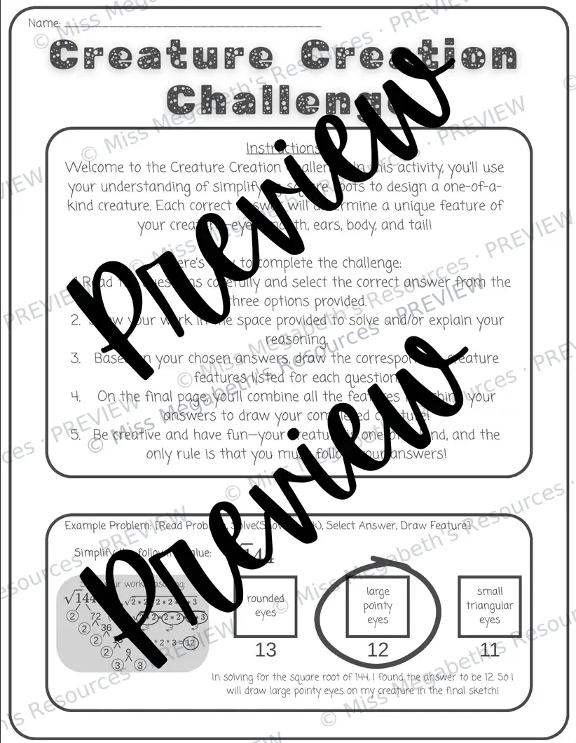 Creature Creation Challenge: Simplifying Square Roots Activity - No Prep Math Printable — image 3