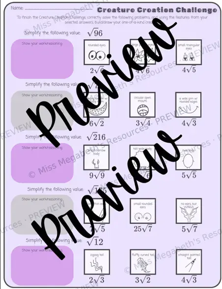 Creature Creation Challenge: Simplifying Square Roots Activity - No Prep Math Printable — image 4