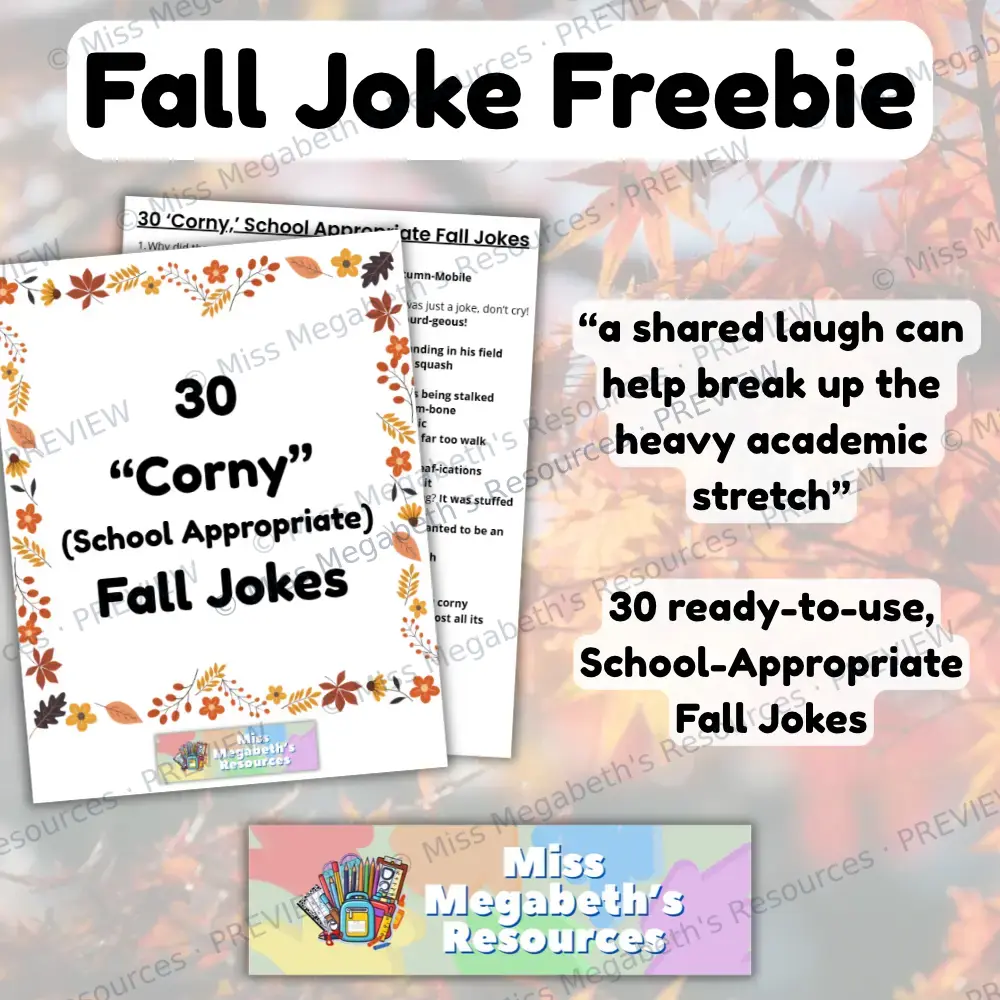 30 Corny Fall Jokes FREEBIE | Quick Classroom Laughs | Miss Megabeth's Resources — image 2