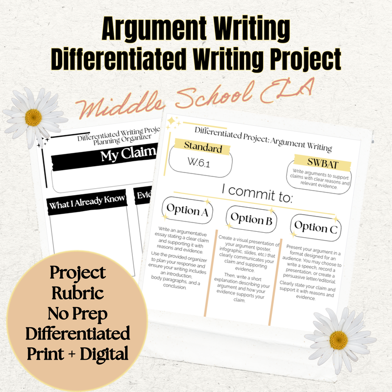 Argument Writing Differentiated Project | W.6.1 | Middle School ELA