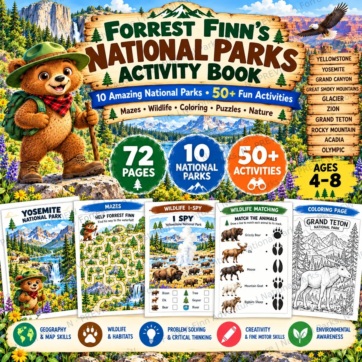 National Parks Activity Book for Kids | 72 Pages | Geography, Science & Wildlife Activities | Pre-K–4th