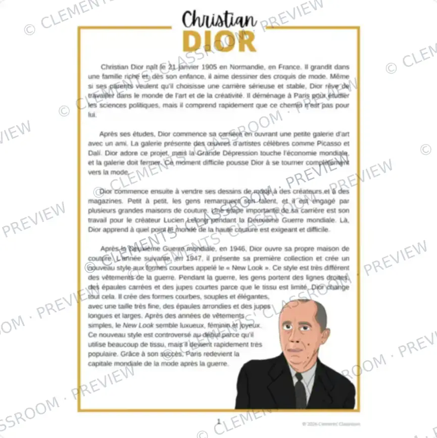 Christian Dior : Biographie d'un créateur de mode - French Biography Reading Comprehension — image 2