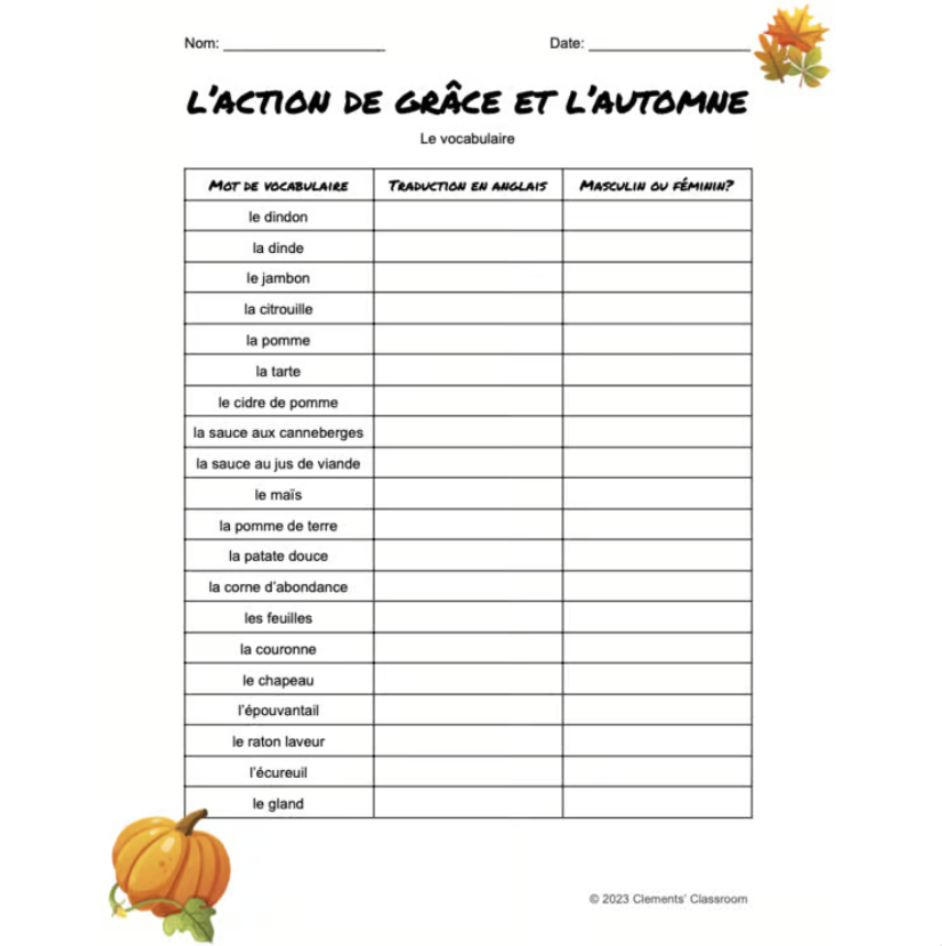 Action de grâce & Automne - French Thanksgiving Fall Vocab Word Wall & Loto/Bingo — image 2