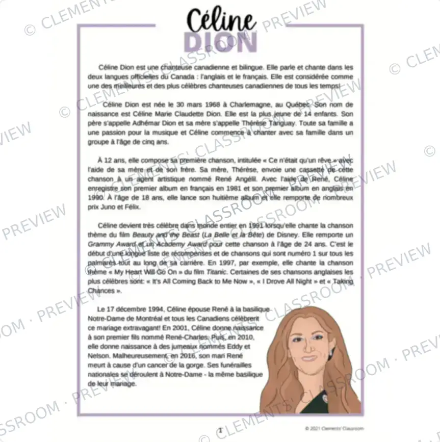 Céline Dion : Biographie d'un Francophone célèbre - French Biography Reading Comprehension — image 2