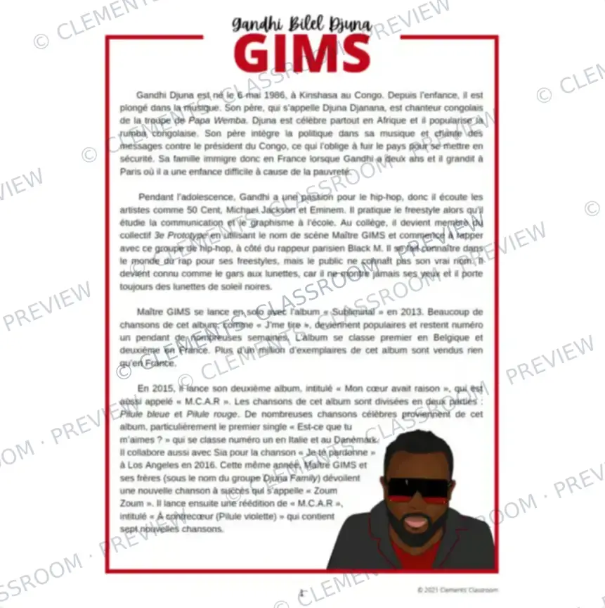 GIMS : Biographie d'un Francophone célèbre - French Biography Reading Comprehension — image 2