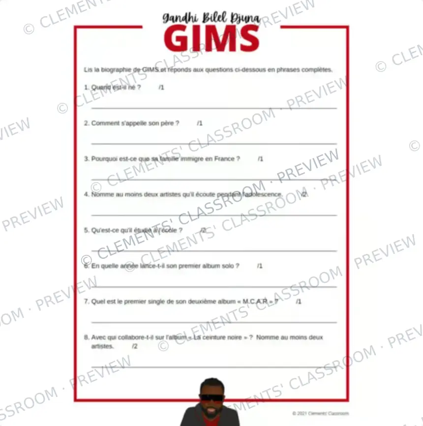 GIMS : Biographie d'un Francophone célèbre - French Biography Reading Comprehension — image 3